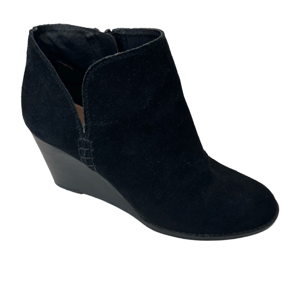 Lucky Brand YIMME Black Suede Leather Ankle Boots with Side Zipper